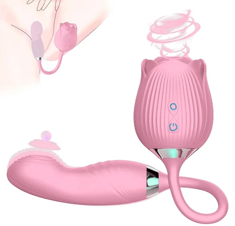 2 In 1 Rose-Sucking Vibrator Women Nipple Vagina Dildo Masturbators Tongue Licking Penetration Vagina Vibrator Sex Toys Adults