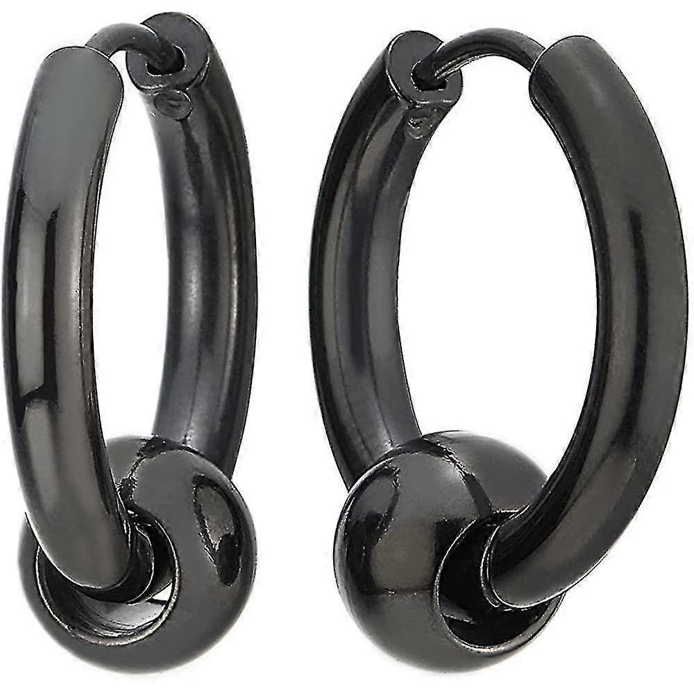 Stainless Steel Black Circle Beads Huggie Hinged Hoop Earrings F