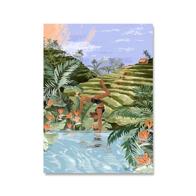 Poster Ragazza Yoga Tela Stampata Arte Murale Illustrazioni Piante Tropicali Disegni Immagini