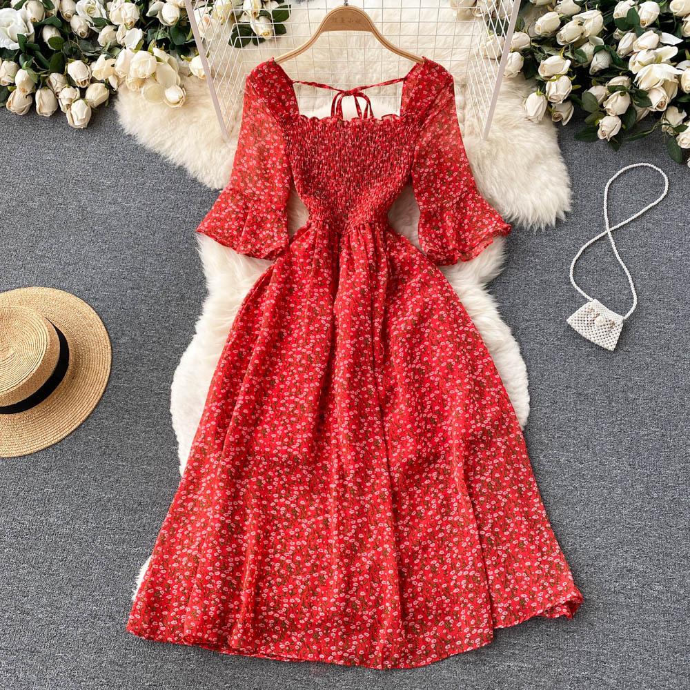 Tea Break French Vintage Dress Square Neck Flared Sleeve Tie Waist Women's Temperament Swing Long Dresses
