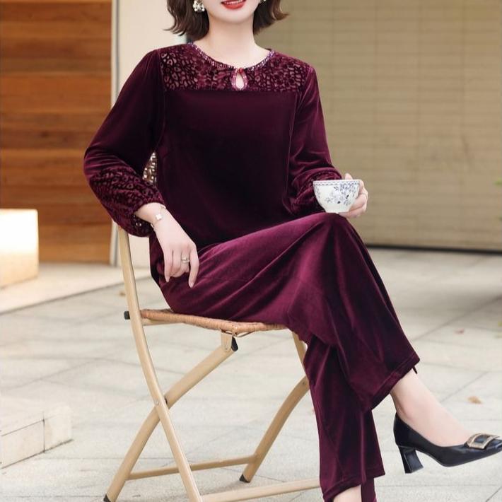 2pcs Pants Suit Autumn Women's Loose Plus-size Velvet Blouse High-waist Velvet Pants Two-piece Set