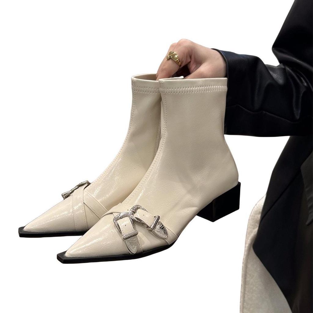 Thick heel pointed temperament thin small short boots women's shoes 2025 new super autumn and winter single boots black Martin boots