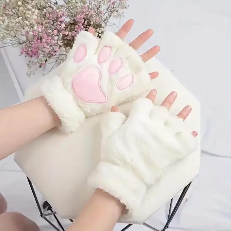 Cute Cat Paw Gloves for Women Fall Winter Warm Fleece Half-Finger GlovesThickened Fingerless for WritingCold Weather Protection