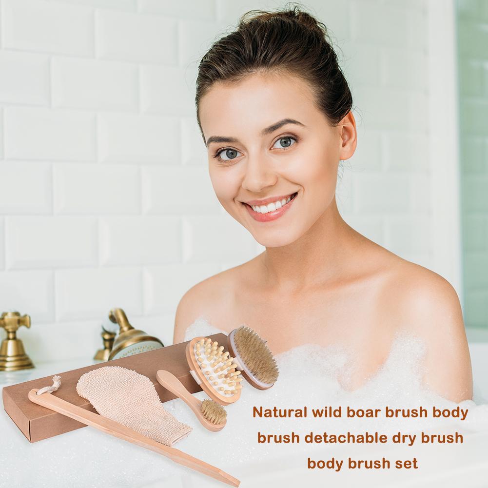 Buy 4pcs Dry Body Brushing Set Natural Bristle Shower Brush SPA Bath ...