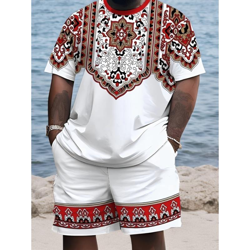 Men s Plus Size 3D Digital Print Short Sleeve Shorts Set, Ethnic Style, PLUS SIZE L