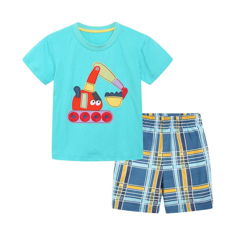 

Children s clothing short-sleeved shorts set summer new fashion cartoon embroidery boys two-piece set knitted cotton children s suit 7Y(125cm）