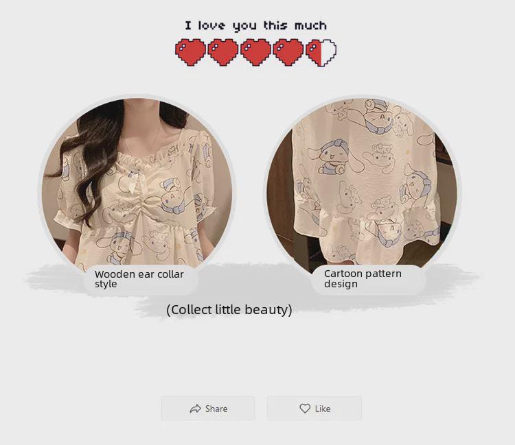 2024 Sommer-Kurzarm-Nachthemd mit Brustpolster – Niedlicher Wolken-Baumwoll-Cartoon-Prinzessinnen-Stil