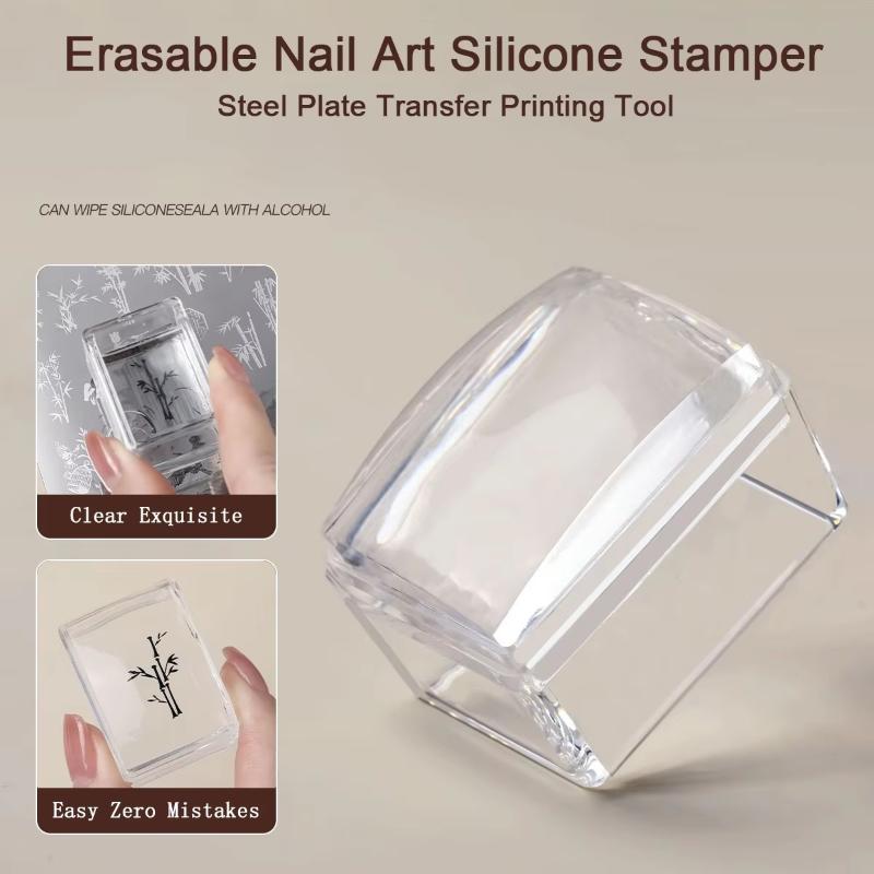 Clear Nail Art Silicone Stamp Erasable Reusable with Steel Transfer Plate Professional Manicure Tool for Beginners Artists