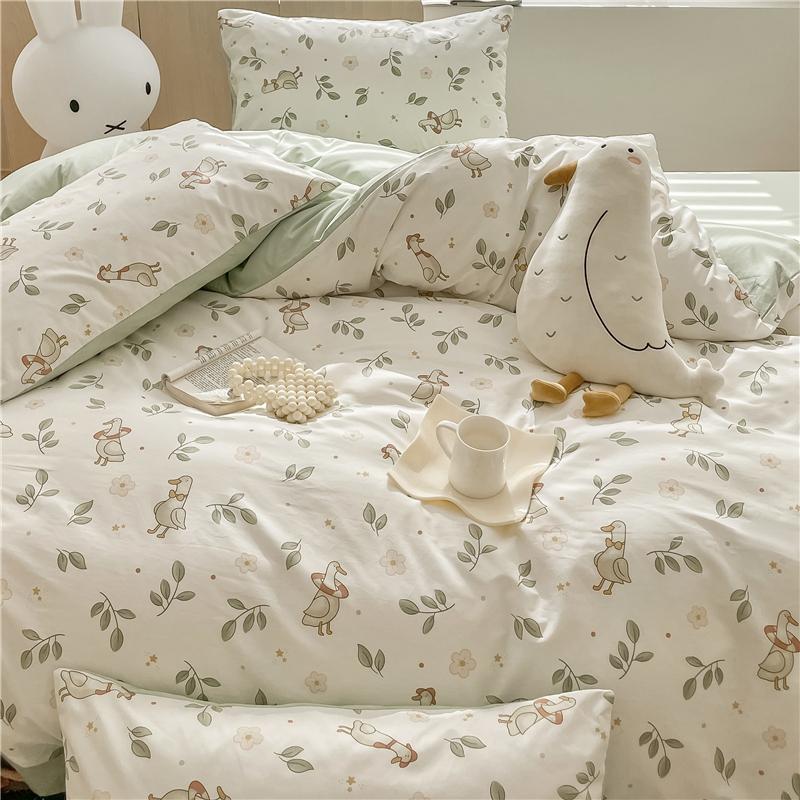 Sleep Grid Cotton Cartoon Printed Student Dormitory 3-Piece Set Home 4-Piece Set