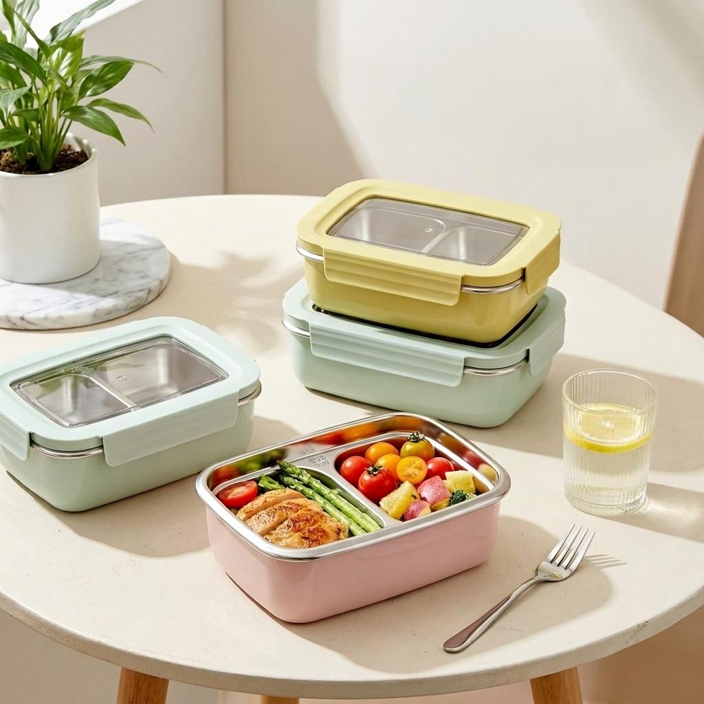 304 Stainless Steel Bento Lunch Box For Kids Students Portable Sealed Fruit Salad Food Container With Compartment Microwave Safe