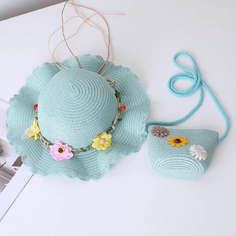 2pcs Suit Cute Children Straw Hat and Shoulder Bag Girls Summer Outdoor Beach Cap Cute Beach Sun Hat Cross Body Bag Bucket Cap