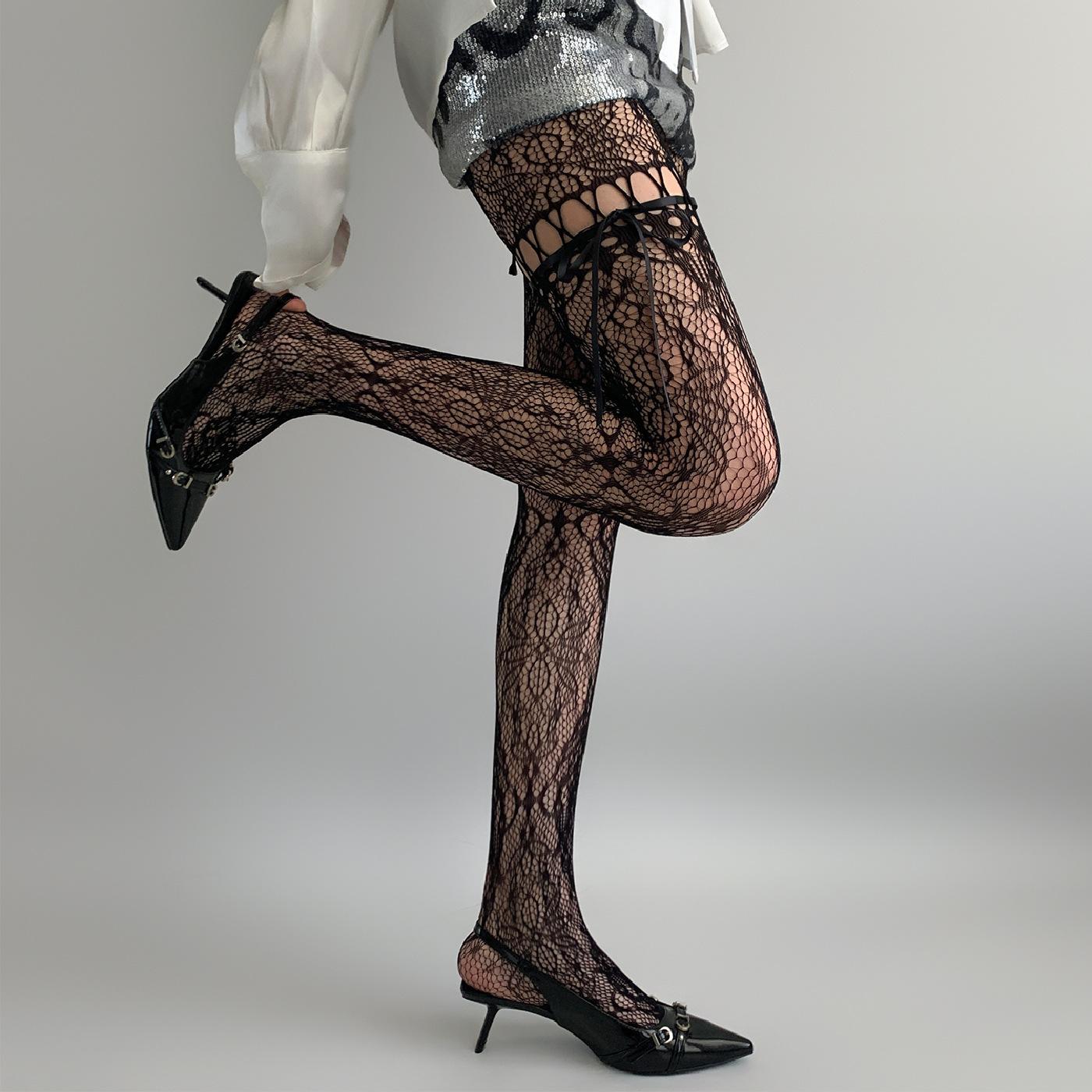 

Women Sexy See Through Mesh Sheer Fishnet Stockings JK Uniform Bow Tie Strap Lace Bottoming Pantyhose New Design Black Tights One Size чёрный