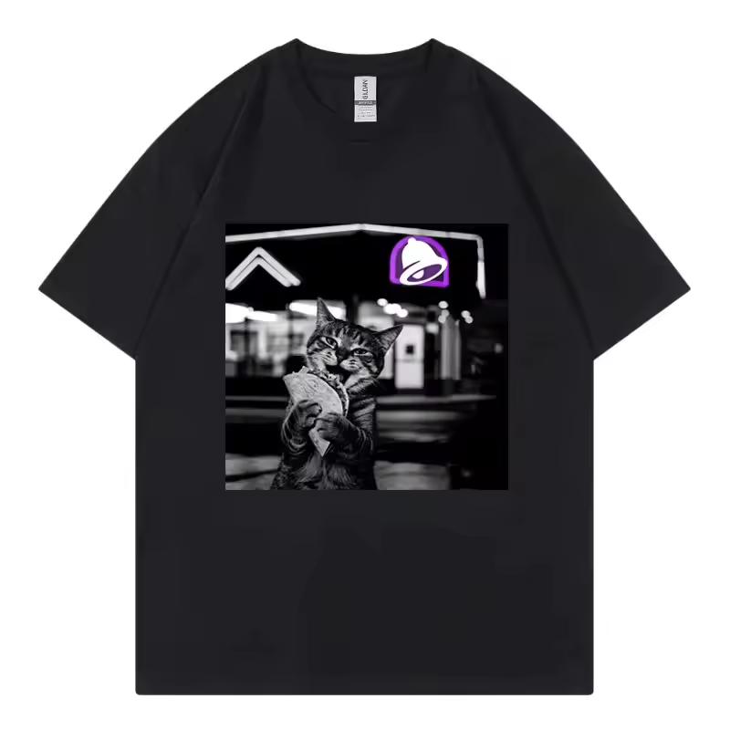 Cat Eating Taco Funny e Graphic T Shirts Women Vintage Fashion Short Sleeve T-shirts Summer Casual Loose T-shirt