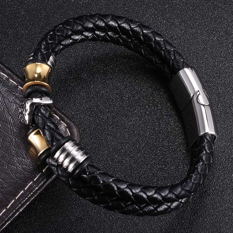 New Woven Leather Rope Wrapping Special Style Punk Stainless Steel Men's Leather Bracelet Double-Layer Design