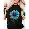 Wo Vibrant Sunflower Graphic Tee - Black Short Sleeve Crew Neck Casual Summer Top with Colorful Floral Design