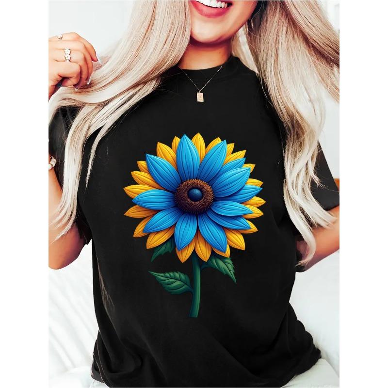 

Wo Яркая футболка с подсолнухом - Черная с коротким рукавом, с круглым вырезом, повседневный летний топ с разноцветным цветочным дизайном S чёрный
