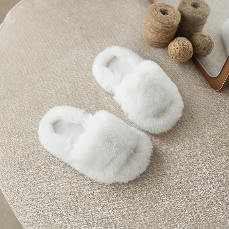 Youngsters' Fashionable Double Strap Indoor Home Slippers - Soft Fabric Slip-Ons with Plush Faux Fur Sole,Round Toe&Lightweight Design for Youngsters