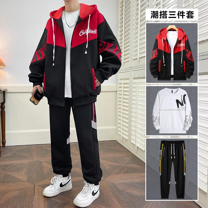 Men s Three Piece Handsome Middle School Student Casual Sports Hoodie Set Cardigan Jacket Long Pants XL