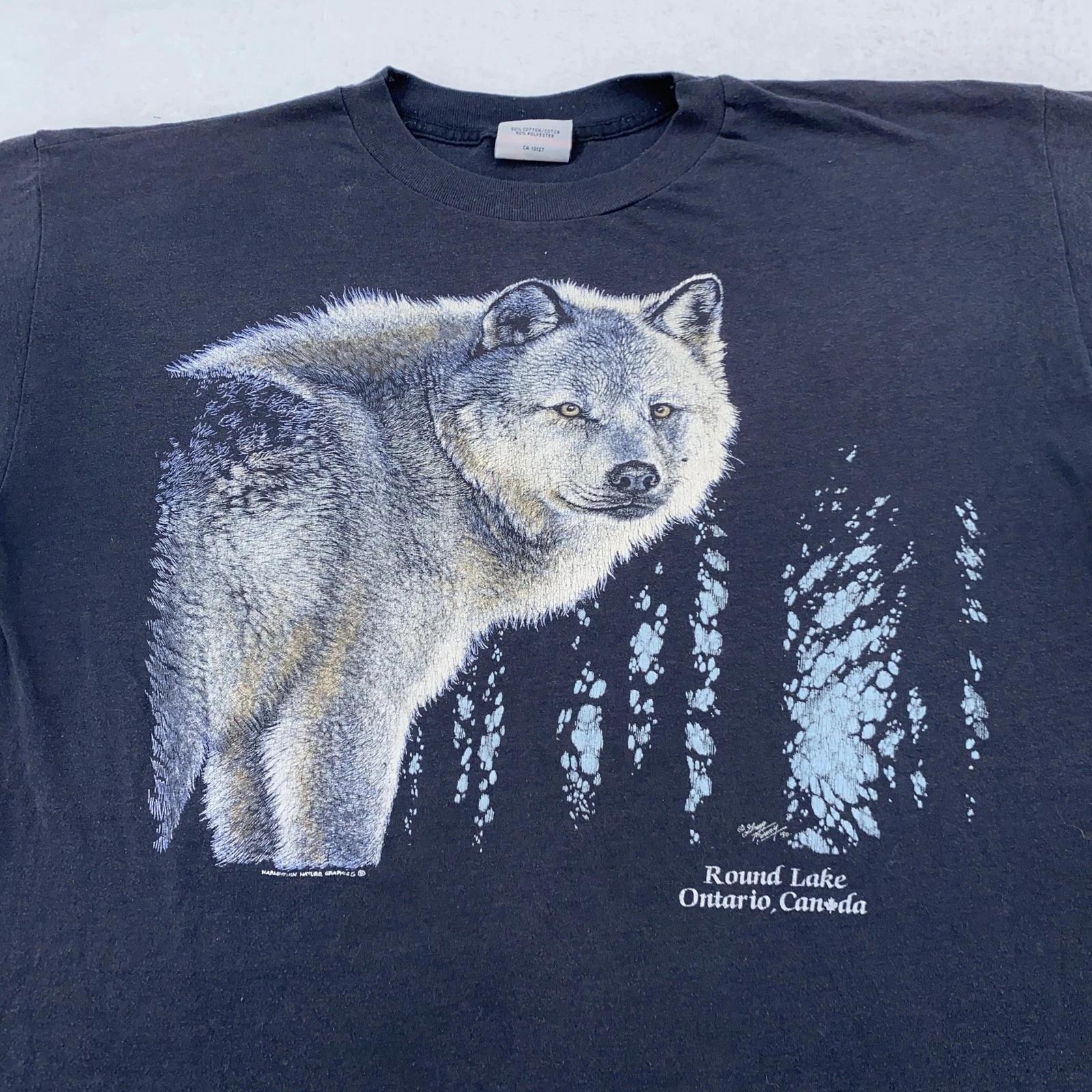 Винтажная мужская футболка с волком L/XL Round Lake Ontario Canada Графическая с природой 90-е 4XL