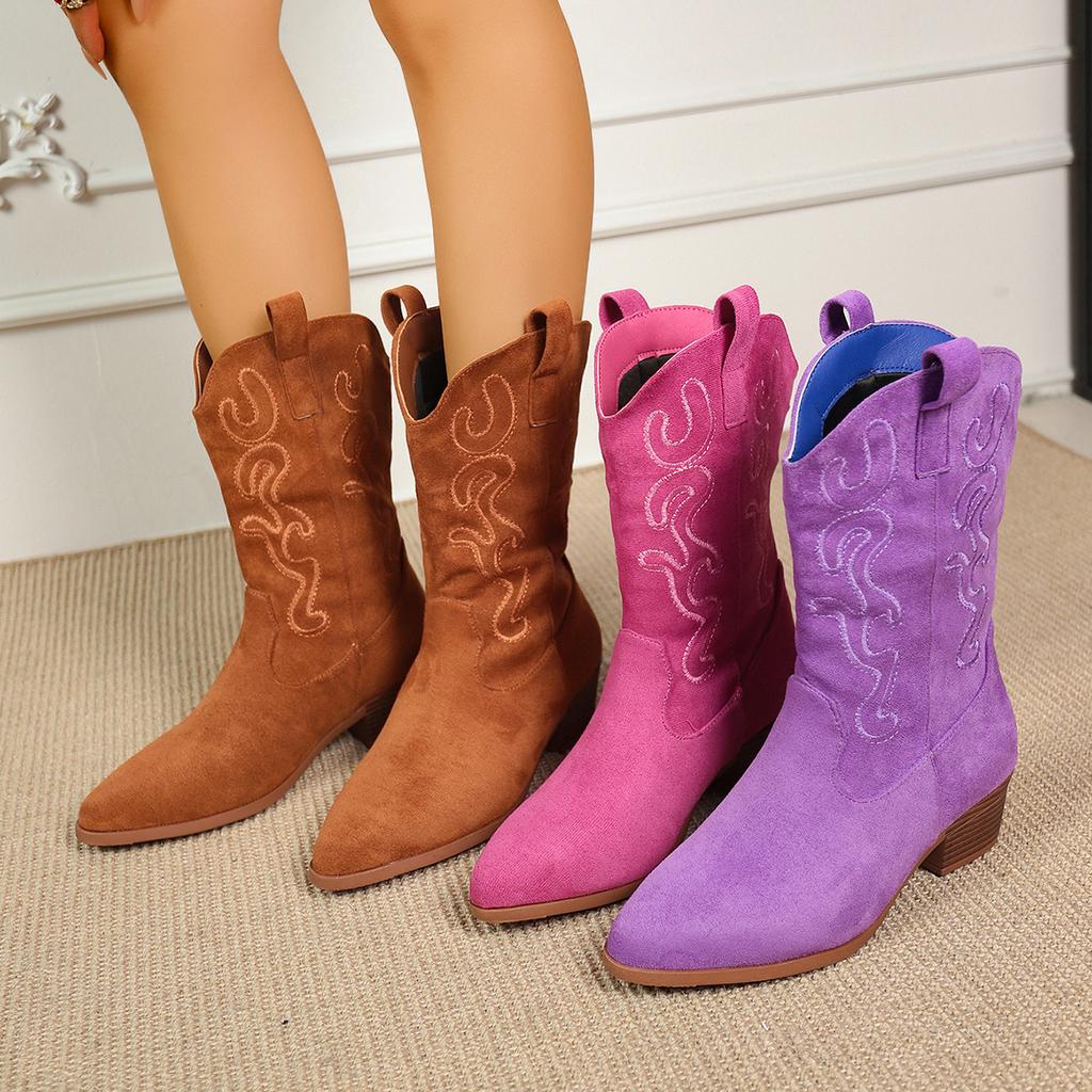 Large Size Embroidered Square Heel Round Head Medium Boots Chelsea Boots Versatile V-Mouth But Knee Boots Children