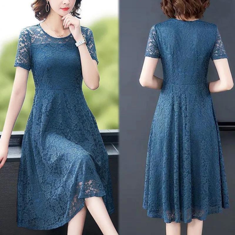 Sexy Lace Dress Women's Short Sleeve Summer Mid Length Dress Ladies Style Slim Dress Solid Color Casual Dress