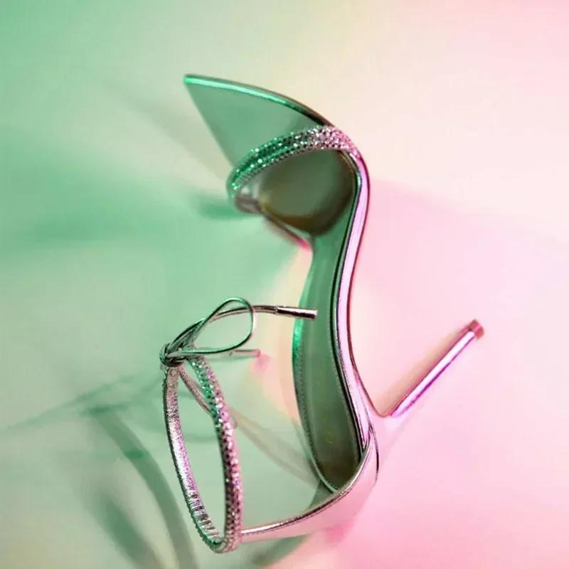 Fashion New Elegant Women Sandals Summer 2025 Sexy Pointed Toe Ankle Strap Thin High Heels Luxury Rhinestone Designer Banquet Party Shoe