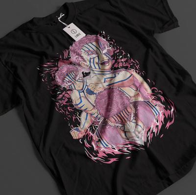 Anime Demon Slayer Akaza Upper Moon 3 Pink Graphic Black Tshirt Size S4XL