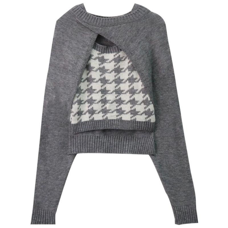 Cardigan tricotat Camisolă Costum de toamnă din două piese Purtați Tricouri în carouri Maioara mică Femei