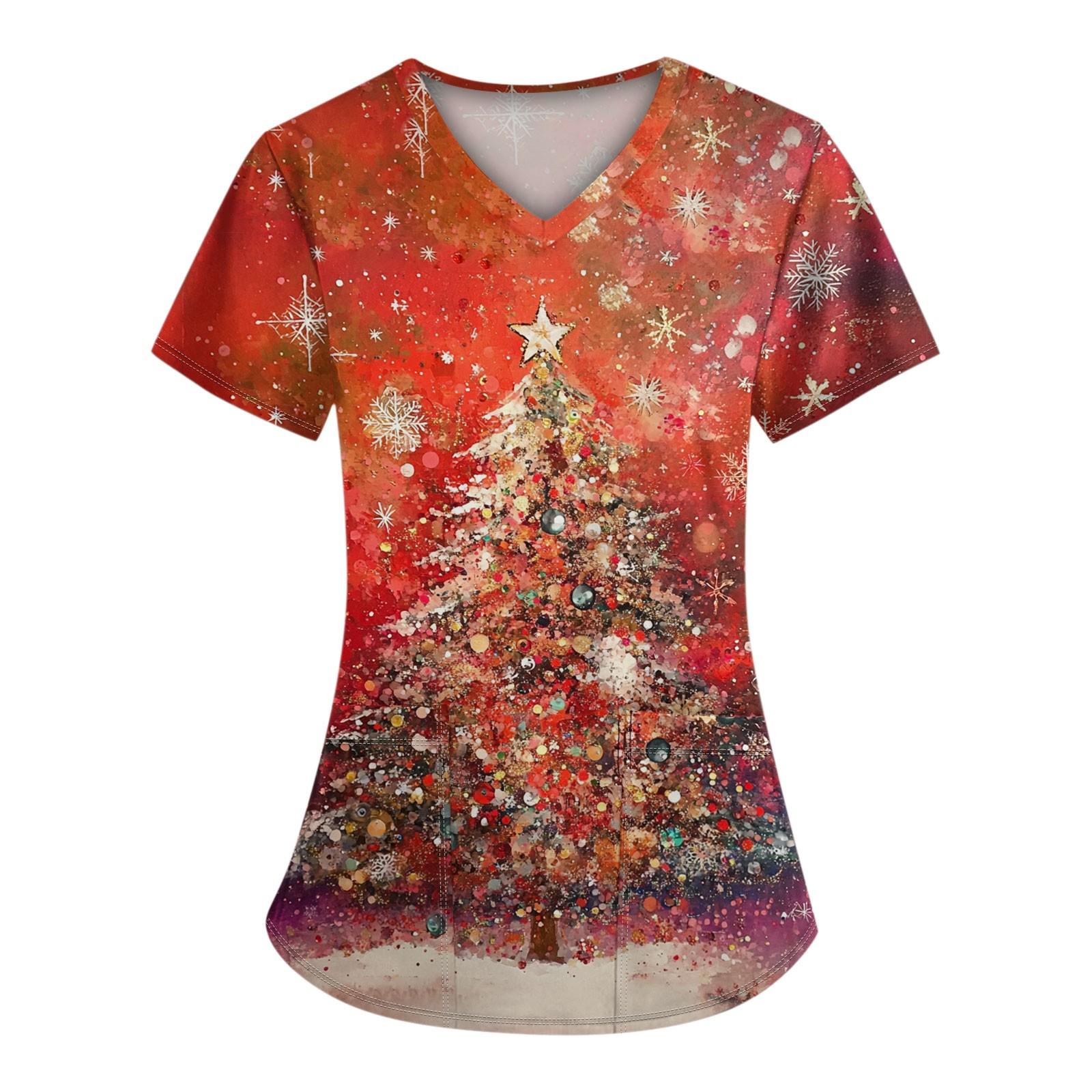 

Женский топ с короткими рукавами и рождественским принтом, V-образным вырезом и карманом XL красный
