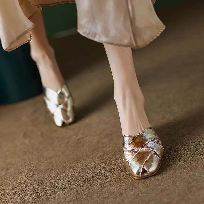 Summer Wear Inside and Outside Full Leather Square Head Cool Slippers French Bag Head Half Slippers Shoes