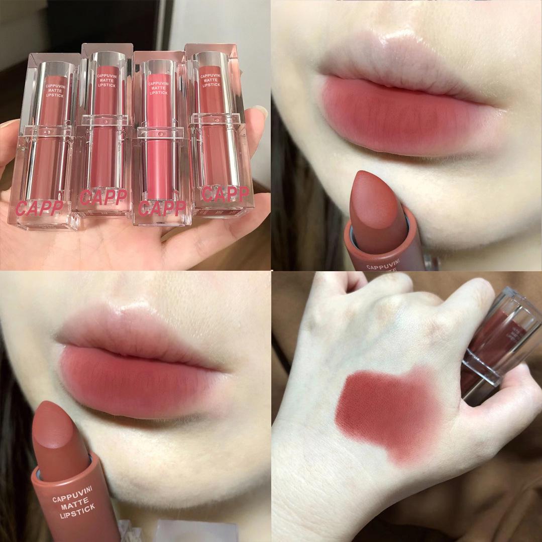 

Cappuvini Transparent Matte Velvet Lipstick in Cinnamon, White Peach & Oolong - Student Whitening Collection. 3.5g