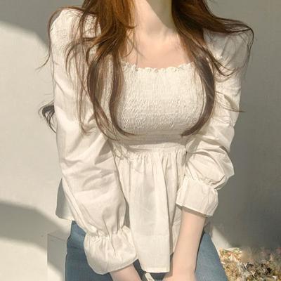 Korean Chic French Sweet Square Neck Slim Fit Waist Fold Western Style Ear Edge Long Sleeved Shirt Top