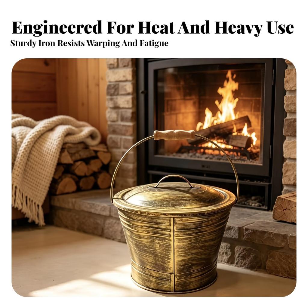 Fireplace Ash Pail with Handle Rustic Lid Compact for Homeowners