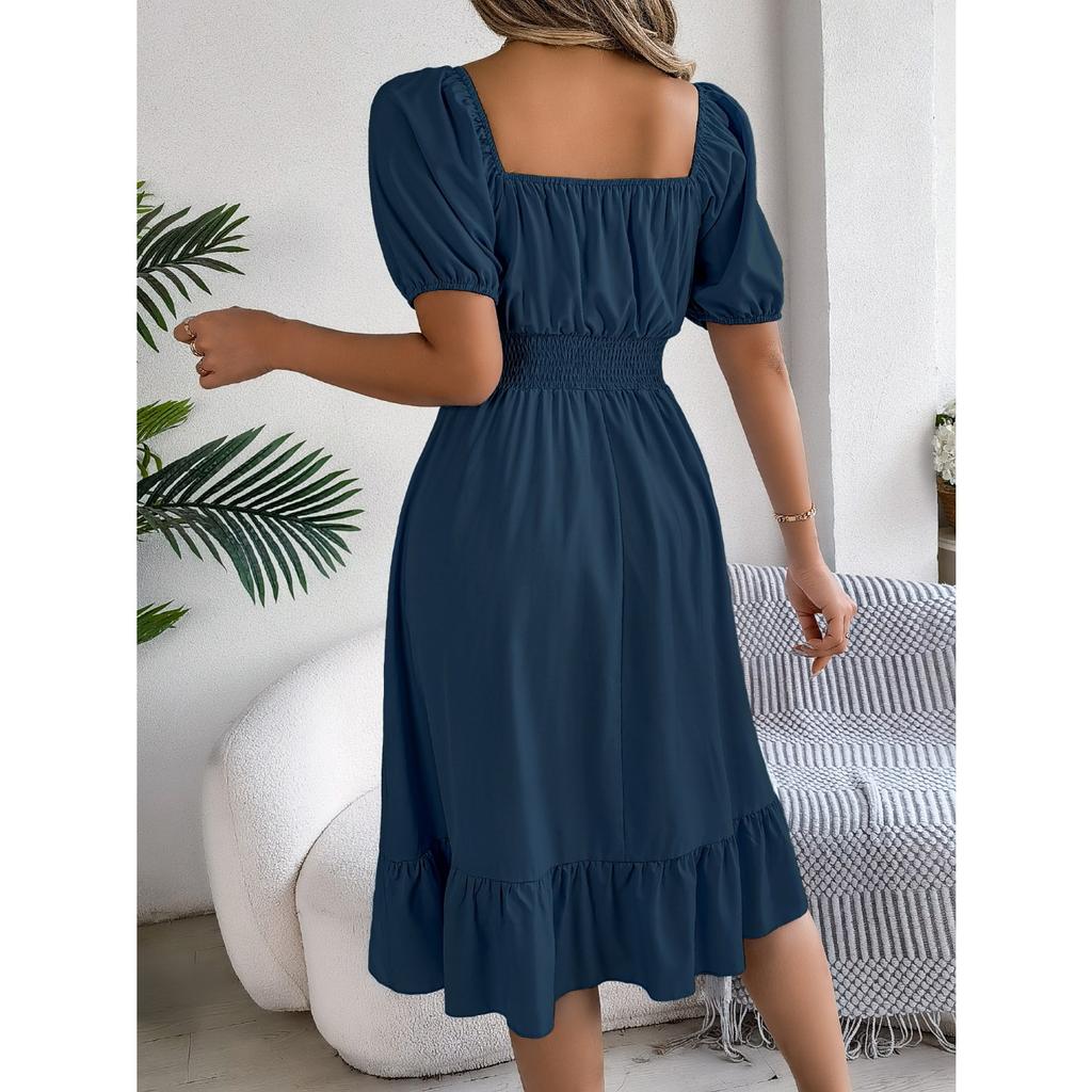 GMXIA Spring and Summer Casual Square-neck Short-sleeved, Waist-cinched, Ruffled A-line Skirt Women's Clothing