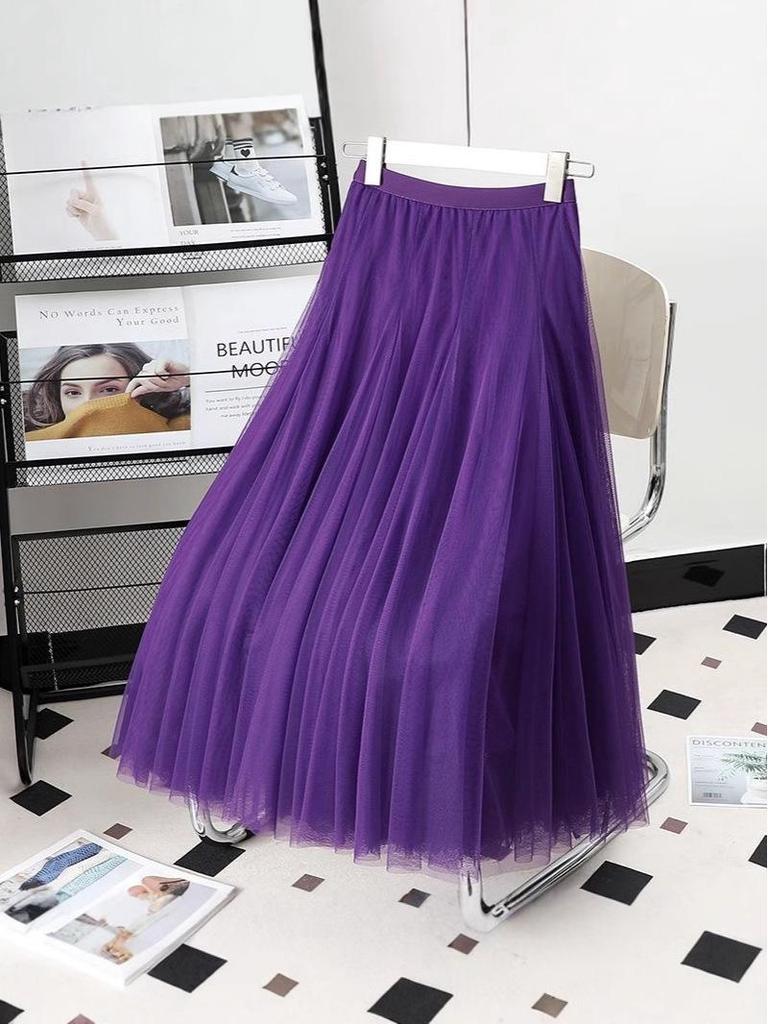 Damen Lila Mesh Midi Rock mit hoher Taille - 720° Schwung A-Linien Tüllrock für Square Dance und Fotoshootings