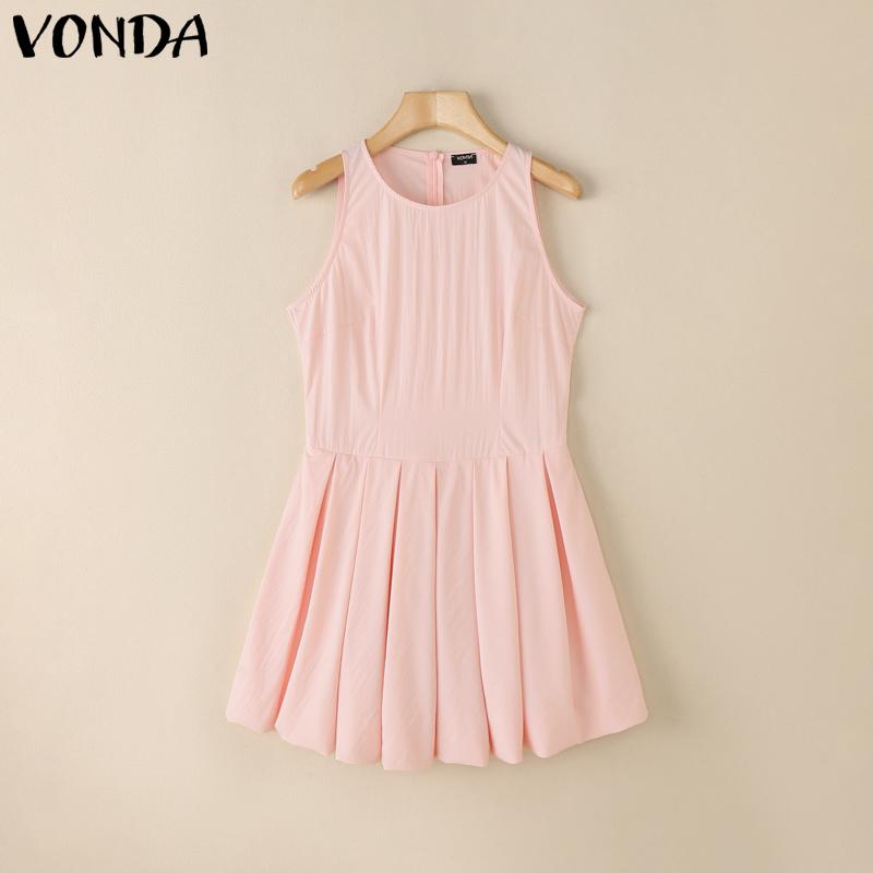 

VONDA Women Summer Round Neck Sleeveless Solid Casual A-line Pleated Dress 5XL жовтий