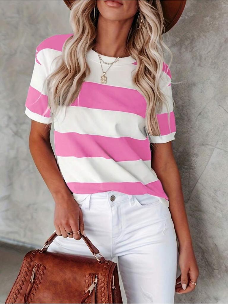Rainbow Striped Women T Shirt Oversized Clothes Trend Casual Short Sleeve Crew Neck T Shirts Summer Lady Tees Daily Soft Wear