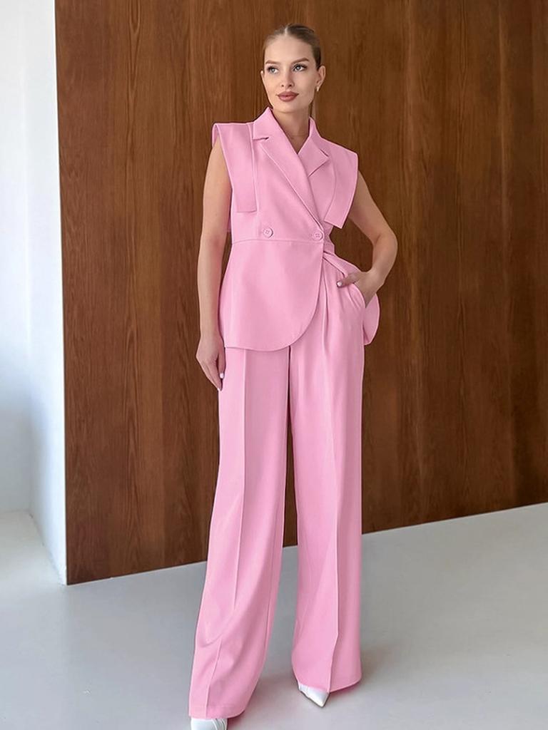 Pink Blazer Pants Two-Piece Set for Women Summer Business Formal Wear Outfit