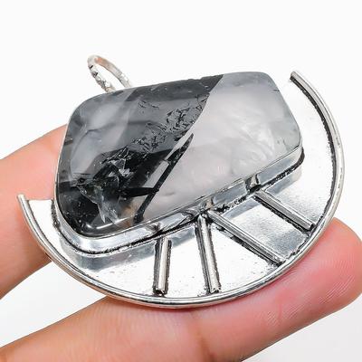 Natürlicher Schwarzer Rutil Edelstein Handgefertigter 925 Sterling Silber Anhänger 1.89" s5E51