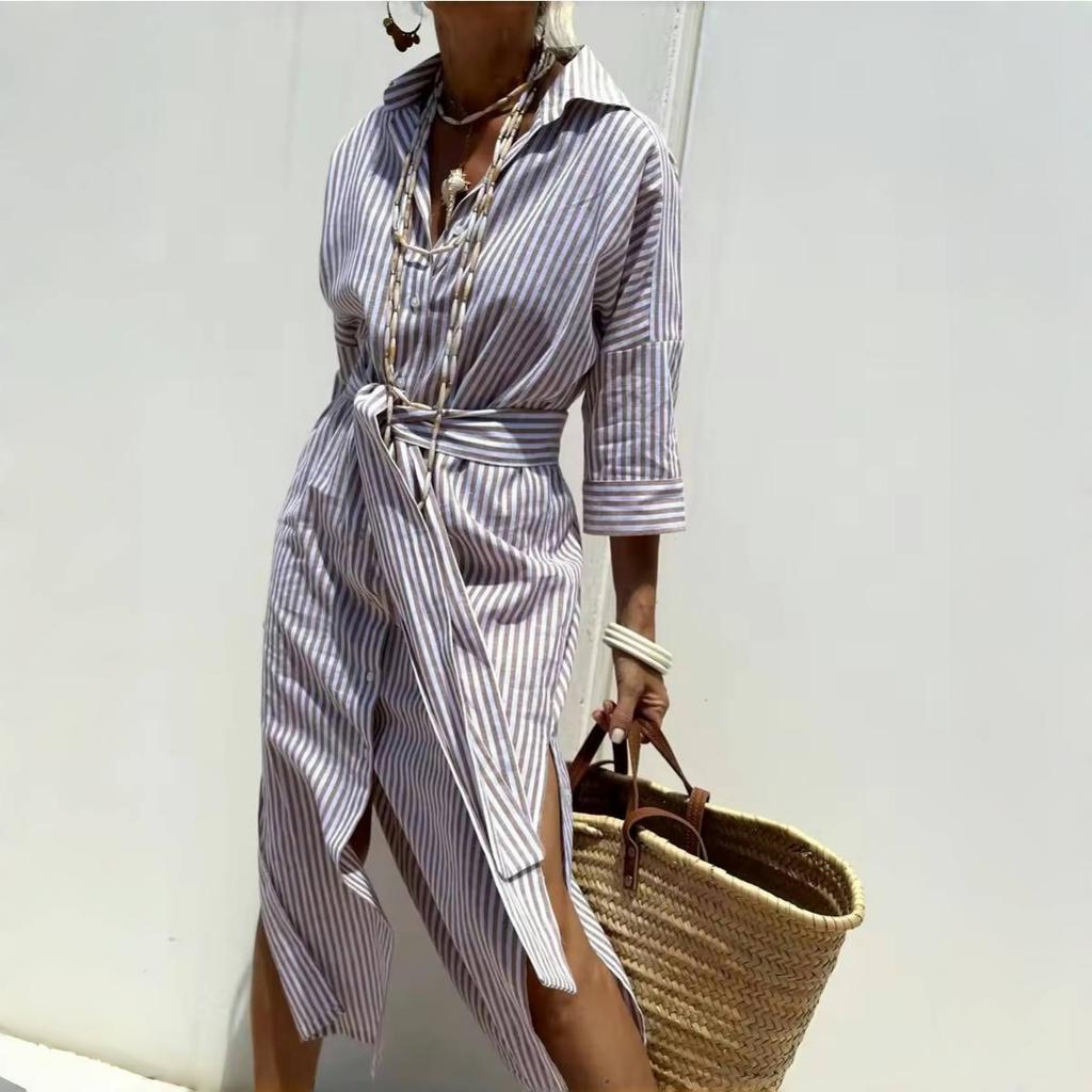 Long Sleeve Cotton Linen Shirt Dress Elegant Long Dress for Women Fashion Print Button Lapel Neck Casual Dresses Robe Femme