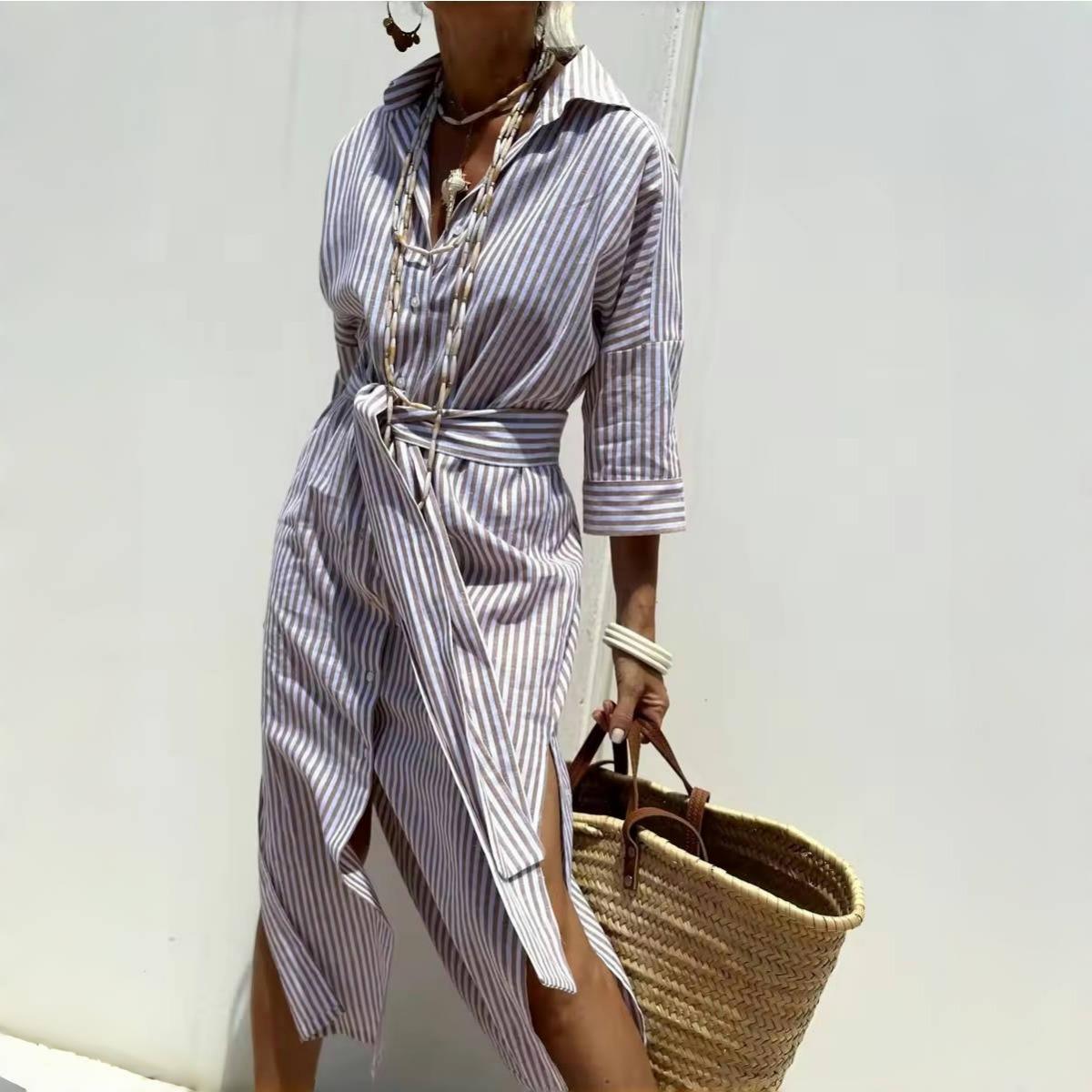 

Платье-рубашка из хлопка и льна с длинным рукавом Элегантное длинное платье для женщин Модный принт Пуговицы Лацкан Воротник Повседневные платья Robe Femme 3XL фиолетовый