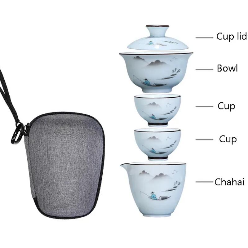 Set da Tè Kung Fu Cinese Set Teiera Portatile in Ceramica Tazze da Tè Gaiwan da Viaggio Tazza da Tè Cerimonia del Tè Tazza da Tè Bel Regalo con Borsa da Viaggio
