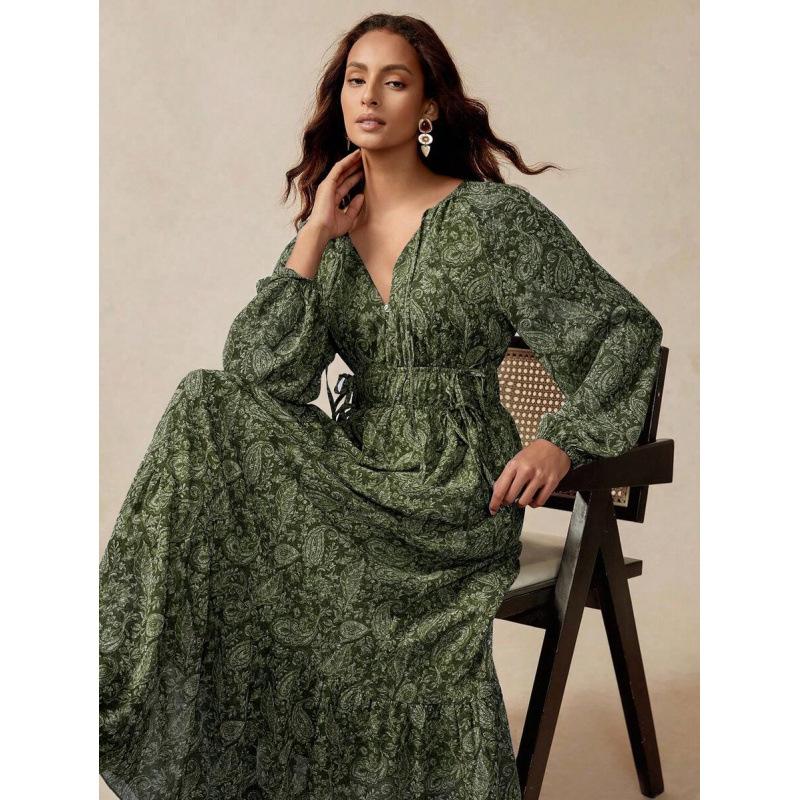 European, American Bohemian retro print loose A word elegant lantern sleeve lace-up dress women S