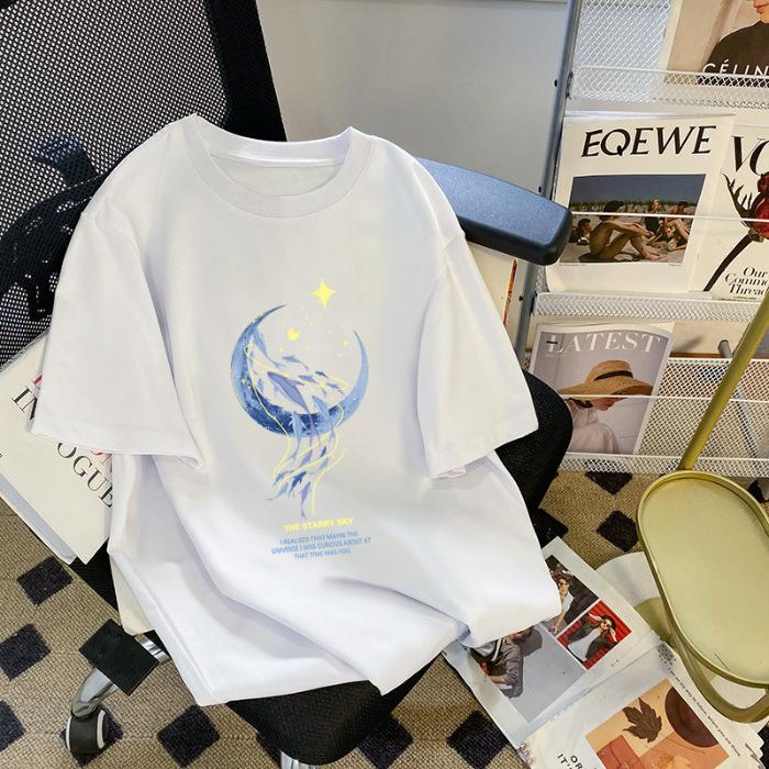 Pure Cotton Loose Short-sleeved T-shirt Women's Summer Wear New Beautiful Top Design Sense Moon Print Women's Crew Neck Spring and Autumn