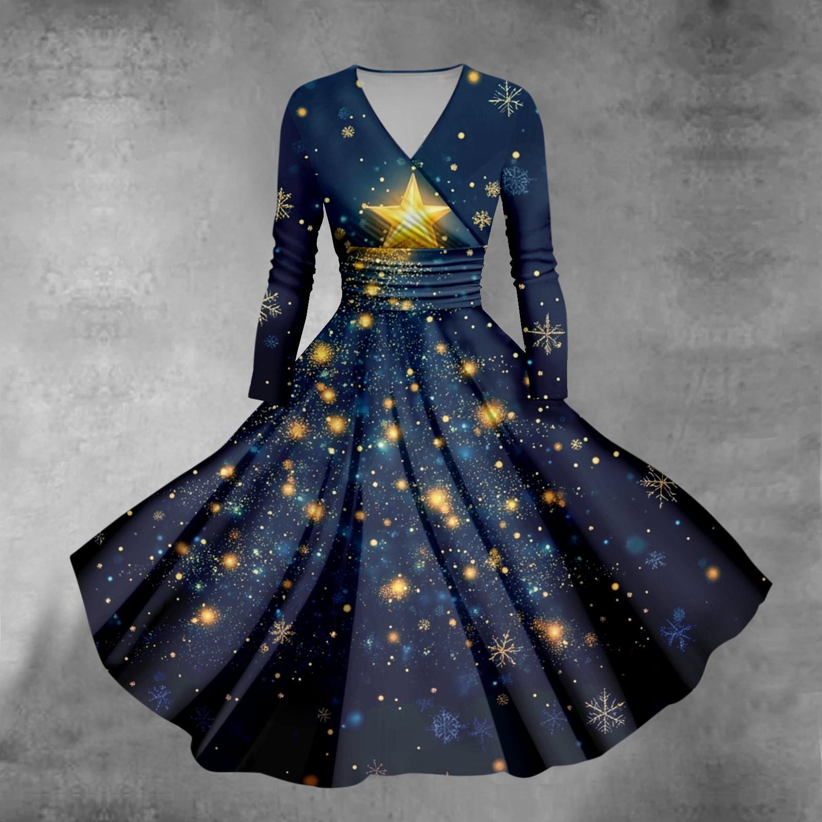 

Женское облегающее платье свободного кроя с принтом рождественской елки и снежинок, V-образным вырезом и длинными рукавами XXL синий