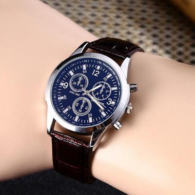 Men's Fashion Quartz Watch with Blue Light Glass & Leather Strap