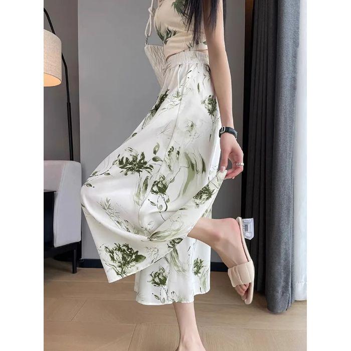 Women's High Waist Ink Print Ice Silk Wide-Leg Capri Pants - Summer 2025 Collection