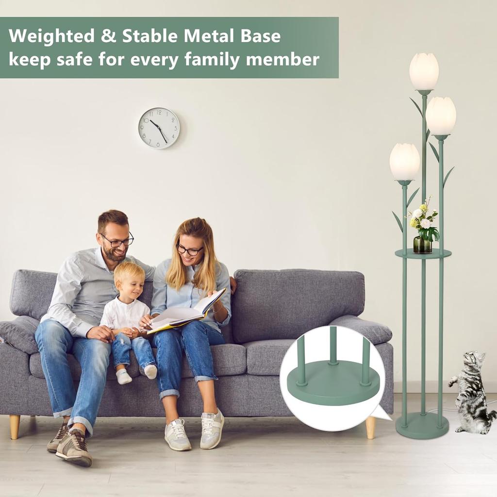 3-Light Flower Floor Lamp, Green Tulip Standing Lamp with Shelves, LED Living Room Decor
