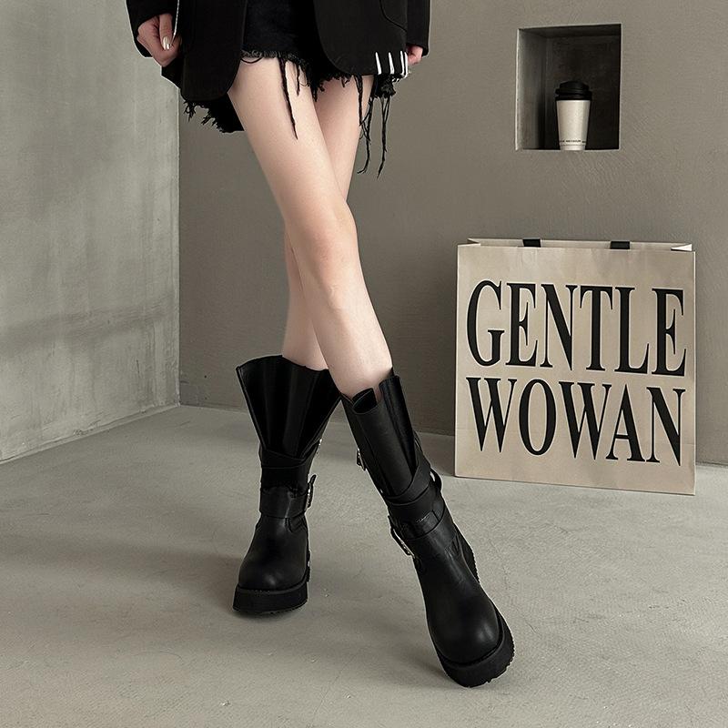 Fashion Short Boots Belt Buckle Locomotive Boxing Boots Women's Design Thick-soled Leather Boots Retro Medium Tube Thick Heel Knight Boots