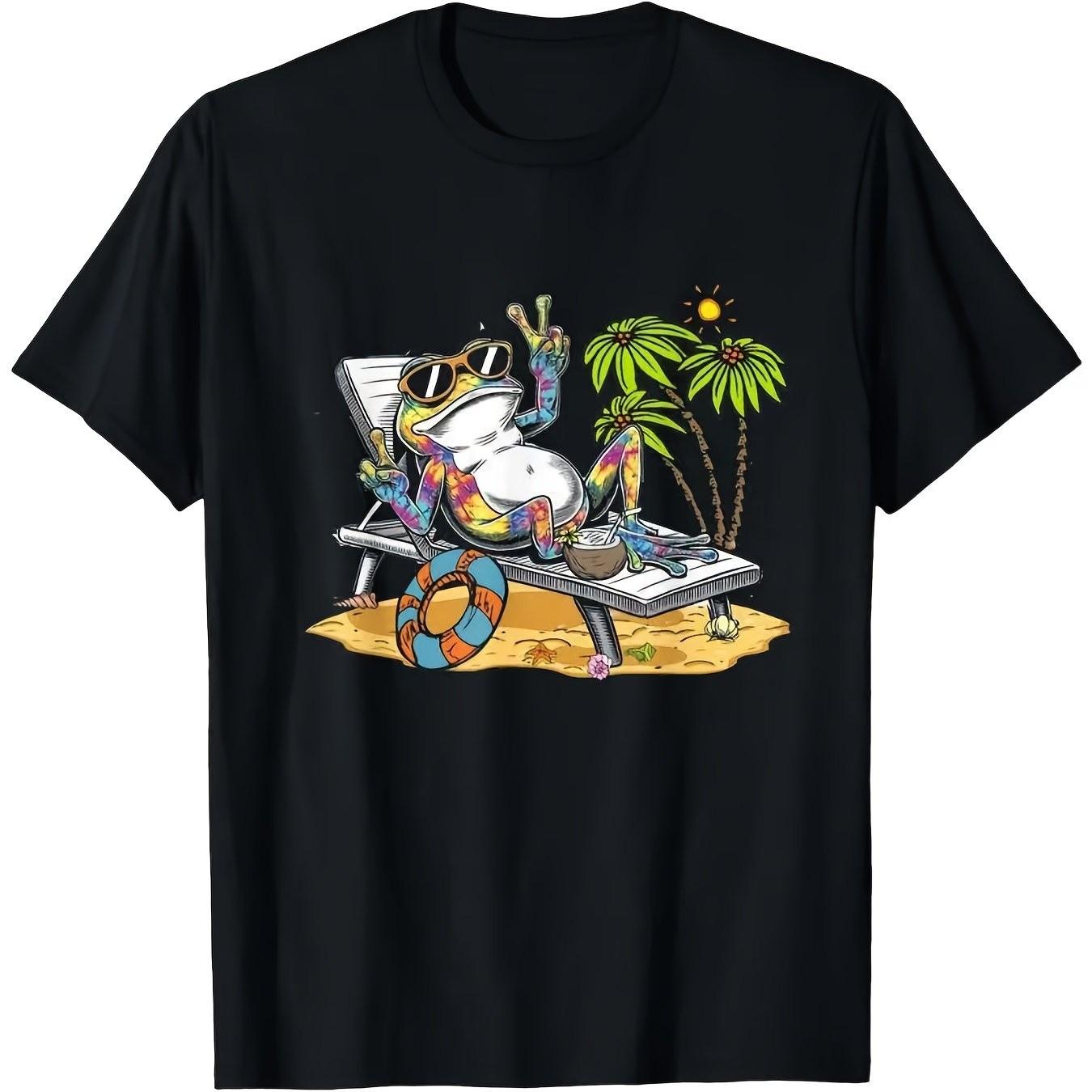 Tie Dye Frog Vacation Peace Sign Hippie Summer Beach Graphic Tee Soft Cotton Casual Unisex TShirt S